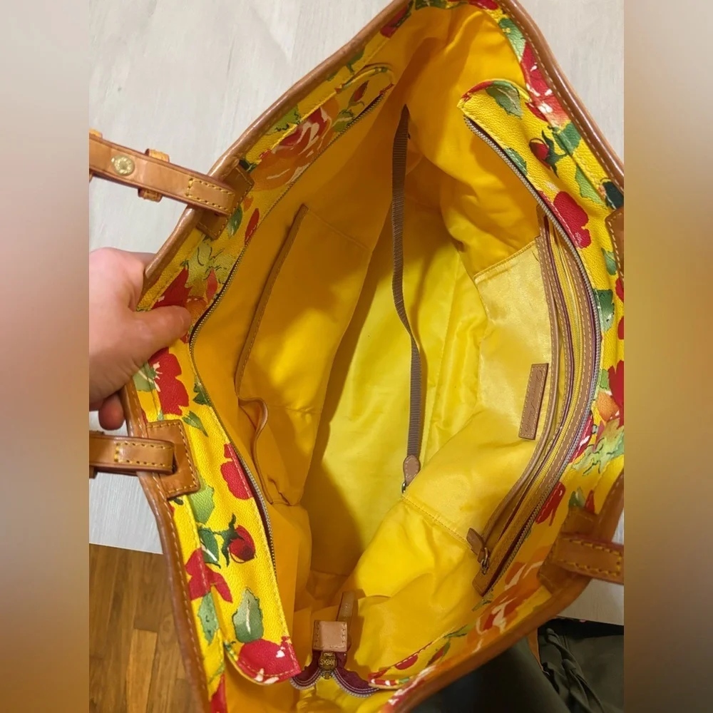 Dooney & Bourke Yellow Tote with Red Floral Design 16X11" with dusty bag. - Picture 6 of 12